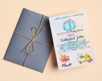 Boy Fall Baby Shower Invitation, Custom Baby Shower Boy Invitation, 5x7 Pumpkin Baby Shower Invite Template, Editable PDF Download