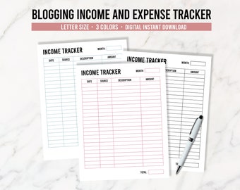 Printable Blogging Income & Expense Trackers, Finance Tracker, Income and Expense Journal, Digital Download PDF