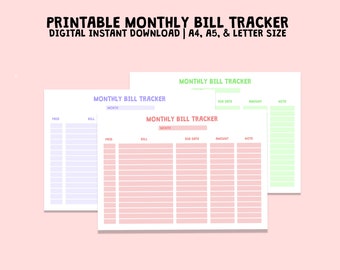Printable Monthly Bill Tracker, Budget Template, Printable Budget Tracker, Digital Download PDF