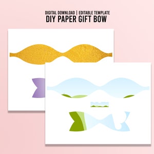 May include: Printable DIY paper gift bow template. The template includes two different designs: one with a gold wavy ribbon and the other with a blue and green wavy ribbon.