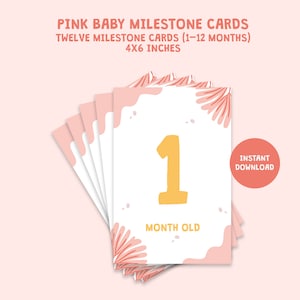 Cartes d’étape roses pour bébé, étape mensuelle, cartes de bébé imprimables, téléchargement numérique PDF