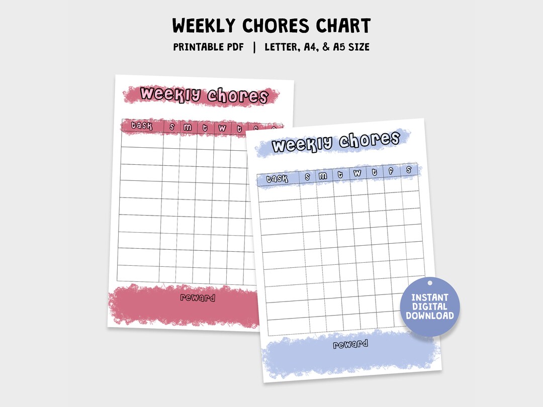 Weekly Chore Charts for Kids, Printable Chore Chart Template, Routine ...