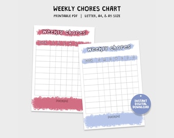 Weekly Chore Charts for Kids, Printable Chore Chart Template, Routine Kids Checklist, Digital Download PDF