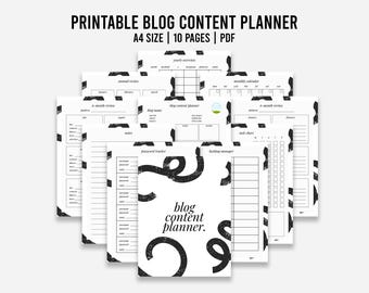 May include: Printable blog content planner with 10 pages in A4 size. The planner includes pages for yearly overview, monthly calendar, 6-month review, blog content planner, password tracker, heading manager, and a tool chart. The pages are white with black text and a black and white graphic design.