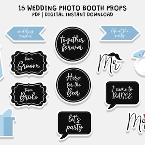 15 Wedding Photo Booth Props, Printable Photo Booth Props, Party Props, Digital Download PDF