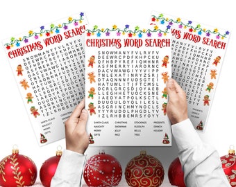 Puede incluir: Tres rompecabezas de búsqueda de palabras con temática navideña con hombres de jengibre y una guirnalda festiva. Los rompecabezas incluyen palabras como "Navidad", "Papá Noel", "Muñeco de nieve", "Rudolph", "Grinch", "Vacaciones", "Calcetín", "Regalos", "Travieso", "Alegre", "Alegre", "Agradable", "Regalos", "Campanas" y "Árbol".