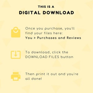 K&ouml;nnte beinhalten: Ein gelber Hintergrund mit wei&szlig;em Text, der "Dies ist ein digitaler Download" lautet. Der Text erkl&auml;rt, wie man einen digitalen Kauf auf Etsy herunterl&auml;dt. Der Text enth&auml;lt ein Einkaufstaschen-Symbol, ein Download-Pfeil-Symbol und ein Drucker-Symbol.