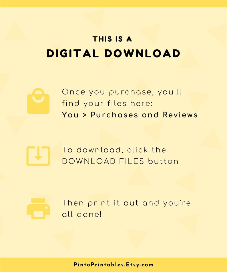 K&ouml;nnte beinhalten: Ein gelber Hintergrund mit wei&szlig;em Text, der "Dies ist ein digitaler Download" lautet. Der Text erkl&auml;rt, wie man einen digitalen Kauf auf Etsy herunterl&auml;dt. Der Text enth&auml;lt ein Einkaufstaschen-Symbol, ein Download-Pfeil-Symbol und ein Drucker-Symbol.