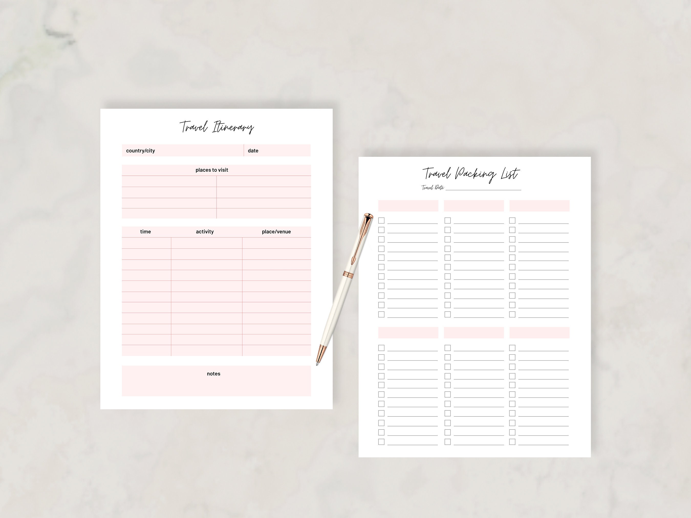 Printable Travel Packing List and Itineraries, Travel Planner, Vacation ...