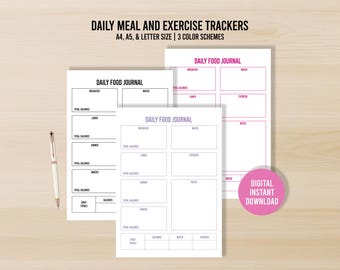Daily Meal and Exercise Tracker, Printable Meal Planner, Fitness Tracker Template, Digital Download PDF