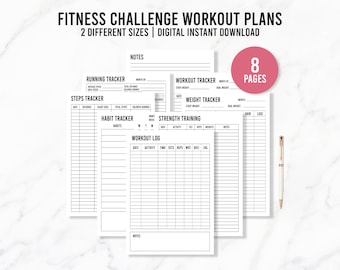Puede incluir: Plan de entrenamiento de desafío de acondicionamiento físico imprimible con 8 páginas. Incluye rastreadores para correr, pasos, hábitos, entrenamientos, peso y entrenamiento de fuerza.