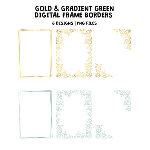 Può includere: Sei bordi di cornice digitali con un design a foglia dorata e verde sfumato. I bordi sono in formato PNG.