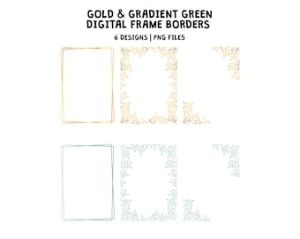 Gold & Gradient Green and Blue Digital Frame Borders, Digital Scrapbooking, Floral Border Frames, Digital Download PDF