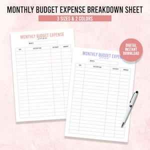 Monthly Budget Expense Breakdown Sheet, Budget Template, Expense Log, Monthly Expenses, Digital Download PDF