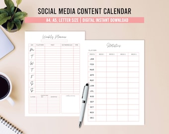 Social Media Content Calendar, Content Ideas, Printable Template, Digital Download PDF