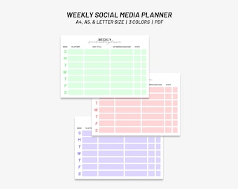 May include: Three printable weekly social media planner templates in green, pink, and purple. Each template has columns for the day of the week, platform, post title, keywords, hashtags, and stats.