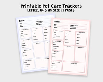 Printable Pet Care Trackers, Dog Car Planner, Pet Health Records, Digital Download PDF