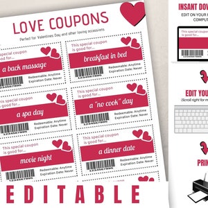 Bewerkbare liefdescoupons, Valentijnsdagcoupons, Valentijnsdagcadeau, Liefdescoupons afdrukbare PDF