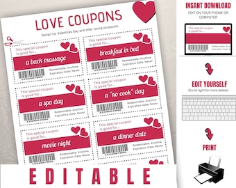 Editable Love Coupons, Valentines Day Coupons, Valentines Day Gift, Love Coupons Printable PDF