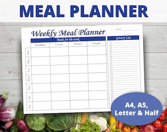 Weekly Meal Planner, Meal Planner Printable, Menu Planner Printable, Meal Plan, A4 A5 Letter Half-Letter, Printable PDF