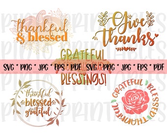 Puede incluir: Cuatro diseños digitales con colores otoñales y elementos florales. Los diseños incluyen las frases "thankful & blessed", "give thanks", "grateful blessings", y "grateful blessed thankful".