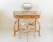 RARE Rattan Dressing Table Set (Bamboo Mirror With Stool), Cane Wicker Desk Makeup Dresser, Vintage Mid Century Boho Bohemian Style