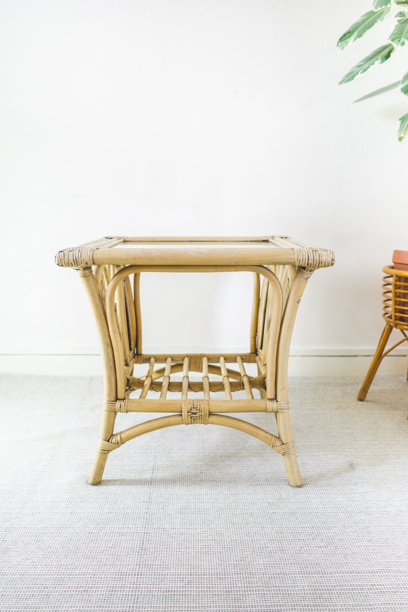 Bamboo Cane Glass Top Coffee Table / Wicker Side Table / Etsy