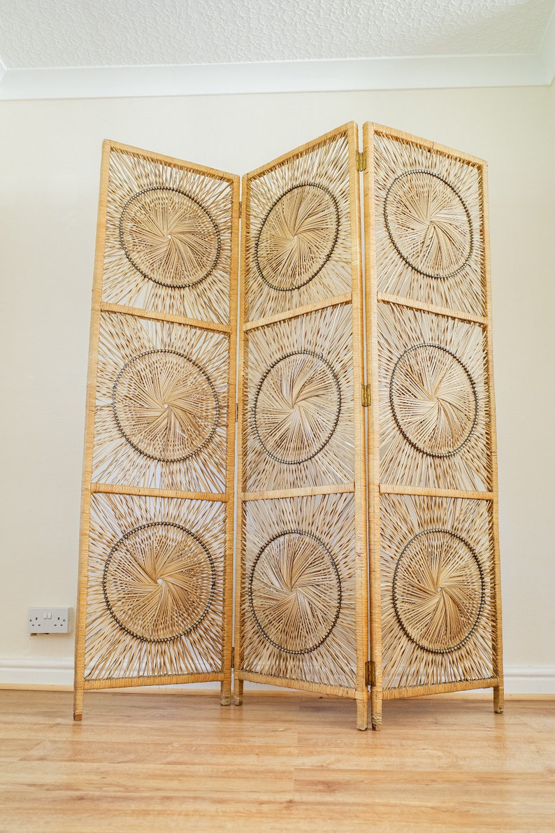 Wicker 1970s Sunburst 3 Panel Room Divider Screen / Bamboo Etsy
