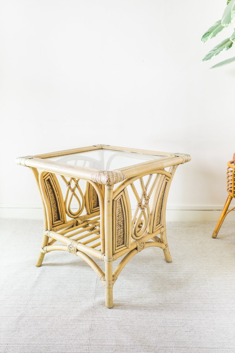 Bamboo Cane Glass Top Coffee Table / Wicker Side Table / Etsy