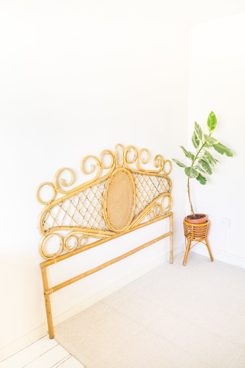 Bamboo King size / US Queen size Bed Headboard, Vintage Wicker Cane Bohemian Bedroom Decor Boho Style | Mid Century 1960s Rattan Retro 