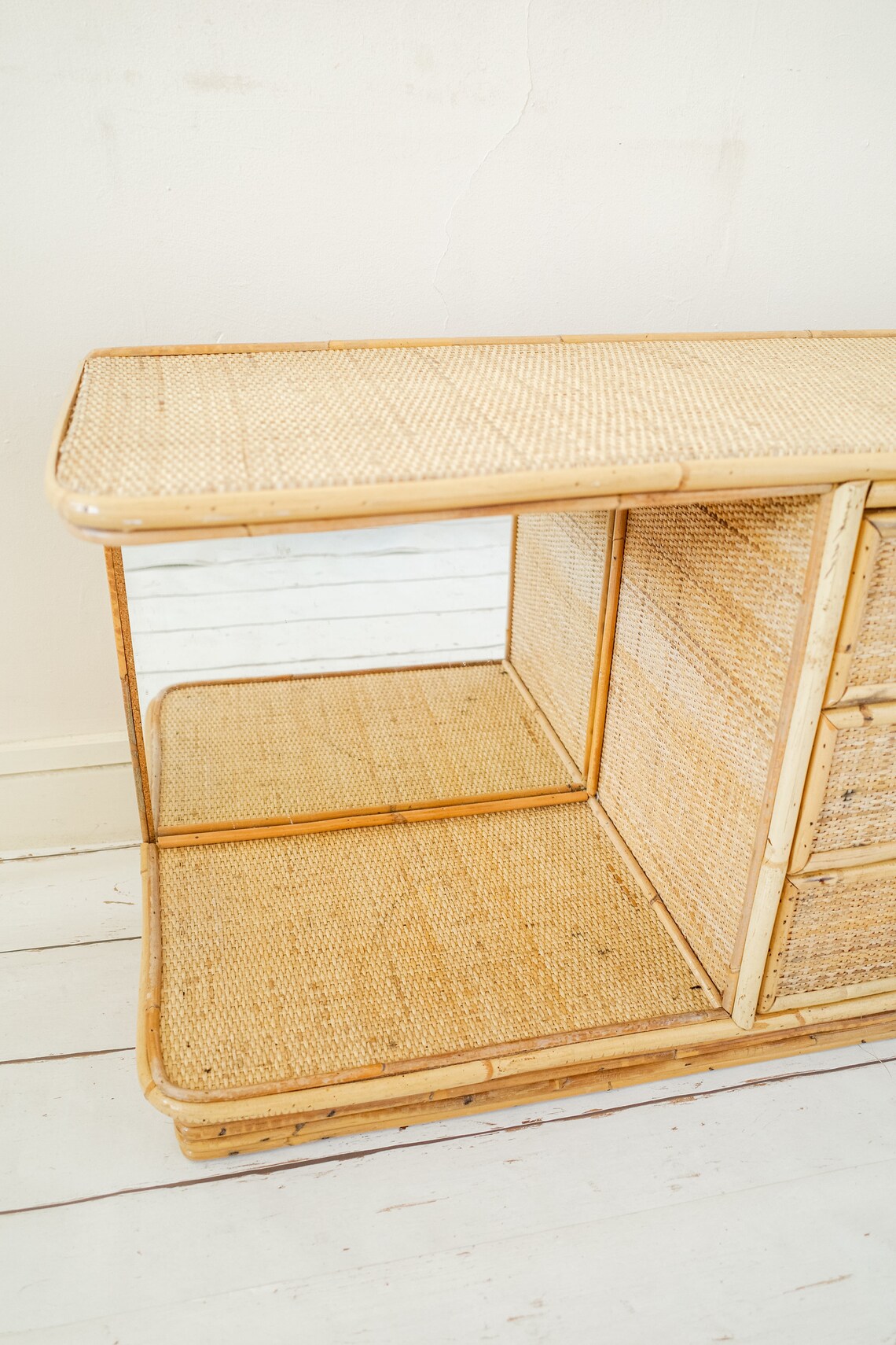 RARE Bamboo 3 Drawer Storage Unit with Mirror. Rattan Shelving Etsy