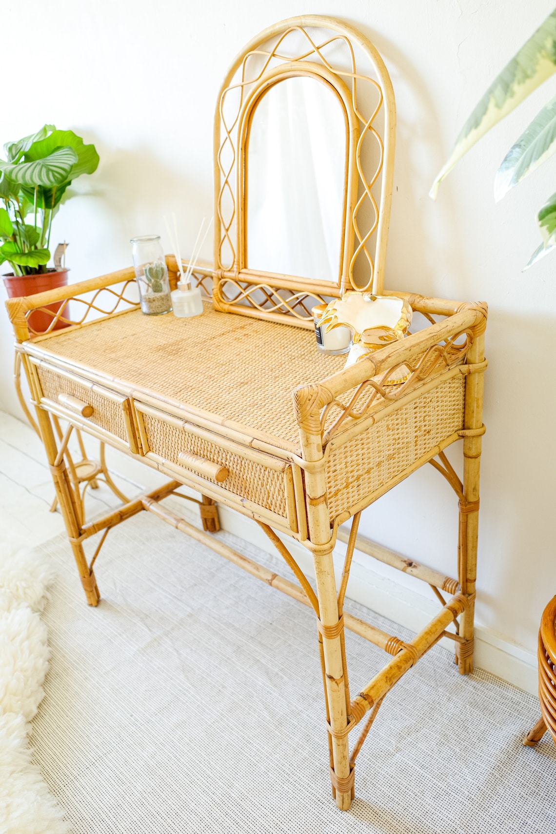 Rattan Dressing Table With Bamboo Mirror Cane Wicker Office Etsy