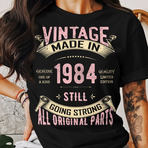 Vintage Made in 1984 - Still Going Strong T-shirt Design  | Pink Retro Tee PNG Digital Download | Nostalgia Gift