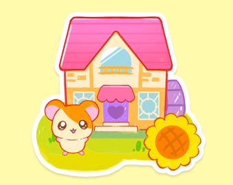 May include: A cartoon hamster stands in front of a pink and yellow house with a purple heart on the door. A sunflower with a brown center is on the right side of the image.