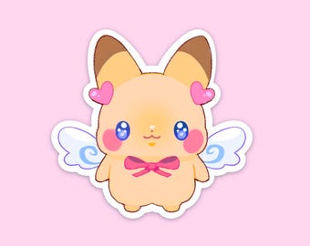 May include: A yellow cartoon character with brown ears, blue eyes, and pink cheeks. The character is wearing a pink bow and has white wings with blue swirls. The character is on a pink background.