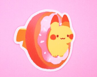 May include: A yellow cartoon character with red ears and a pink and orange donut around its body. The donut has white frosting and sprinkles.