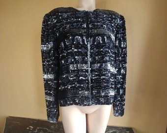 Vintage negro brillante con lentejuelas chaqueta de noche recortada Cardigan Top por la noche Vogue Sz Grande