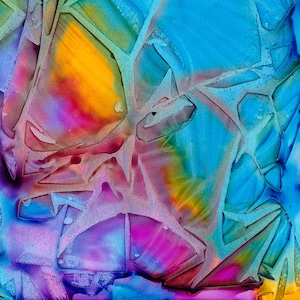 May include: Abstract painting with a blue, yellow, green, pink, and purple color scheme. The colors are blended together in a swirling pattern, creating a sense of movement and energy.