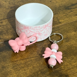 Coquette Bows Tumbler Accessories Bundle - Set includes Boot, Straw Topper and Handle Charm, Pink and White Tumbler Accessories