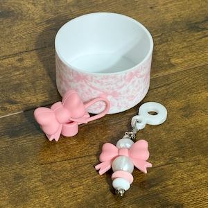 Coquette Bows Tumbler Accessories Bundle - Set includes Boot, Straw Topper and Straw Charm, Pink and White Tumbler Accessories