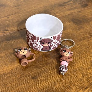 Highland Cow Tumbler Accessories Bundle - Set includes Boot, Straw Topper and Handle Charm, Cow Tumbler Accessories, Brown Highland Cow
