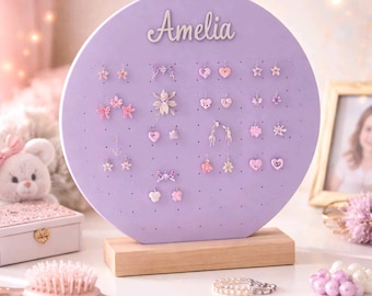 Personalised Acrylic Earring Holder with Wooden Stand