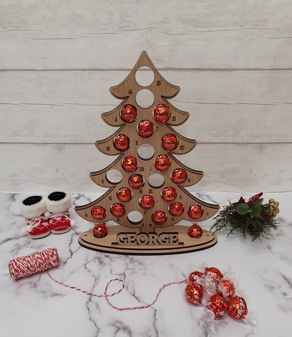 Personalised Wood Christmas Tree Advent Calendar Holder Holds Lindt Lindor 
