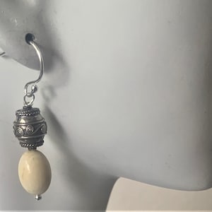 Vintage 1960&#39;s Carved Bovine Bone Sterling Drop Earrings, Hand Made Sundance Style Dangle Drop Earrings, 1.25&quot; Long