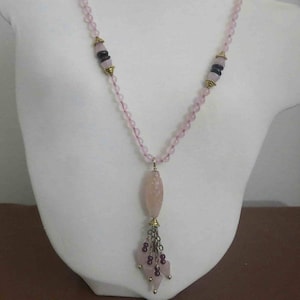 Vintage Chinese Rose Quartz Gold Sterling Tassel Necklace 30&quot; Make Offer