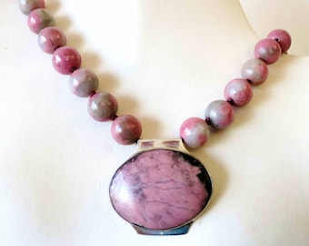 Vintage Deco Pink Rhodonite Sterling Necklace Jewelry, Modernist Pendant Necklace, Pink Necklace, Statement 19" Long, By Atara Fobar