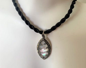 Mother Of Pearl Sterling Marcasite Choker Necklace, Sterling Marcasite Deco Necklace 18" , Statement Necklace, Goth Look