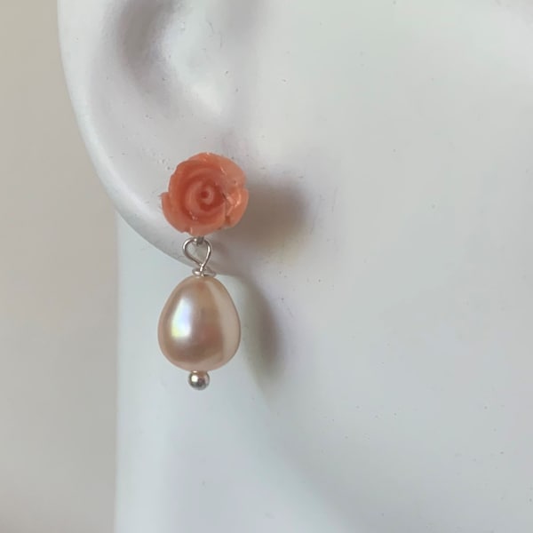 Vintage China Coral Rose Pearl 925 Sterling Silver Genuine Carved Salmon Coral w Pearls Earrings