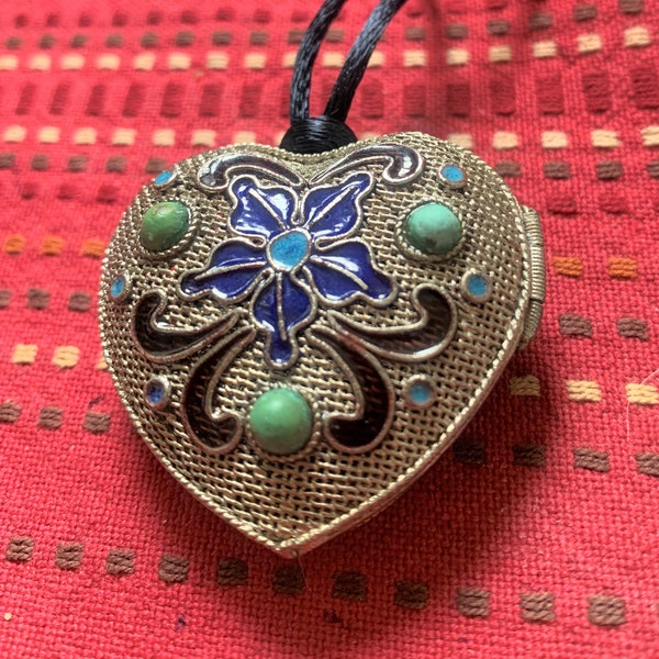 Vintage Chinese Export Heart Locket Necklace, Cloisonne Genuine Turquoise, 2 sided Pendant, Black Silk Cord, Gift For Her