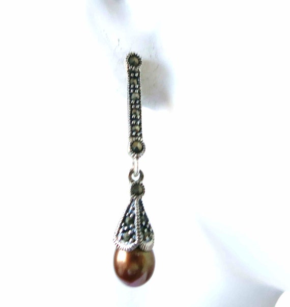 Vintage Marcasite Sterling Real Pearls Earrings, … - image 2
